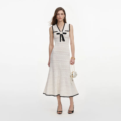 White Pointelle Knit Bow Midi Dress