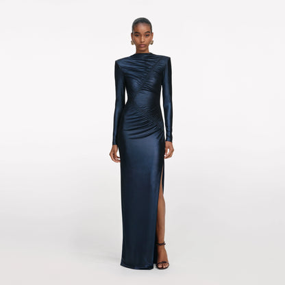 Navy Metallic Gathered Maxi Dress