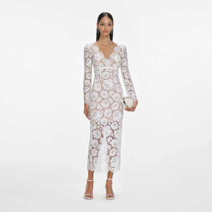 White Floral Lace Midi Dress