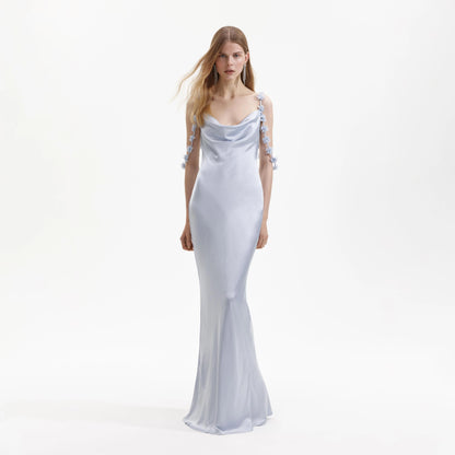 Blue Satin Flower Maxi Dress