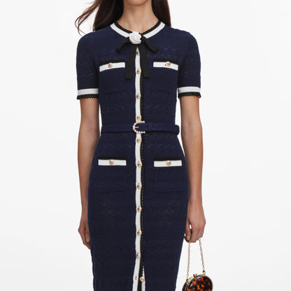 Navy Pointelle Knit Midi Dress