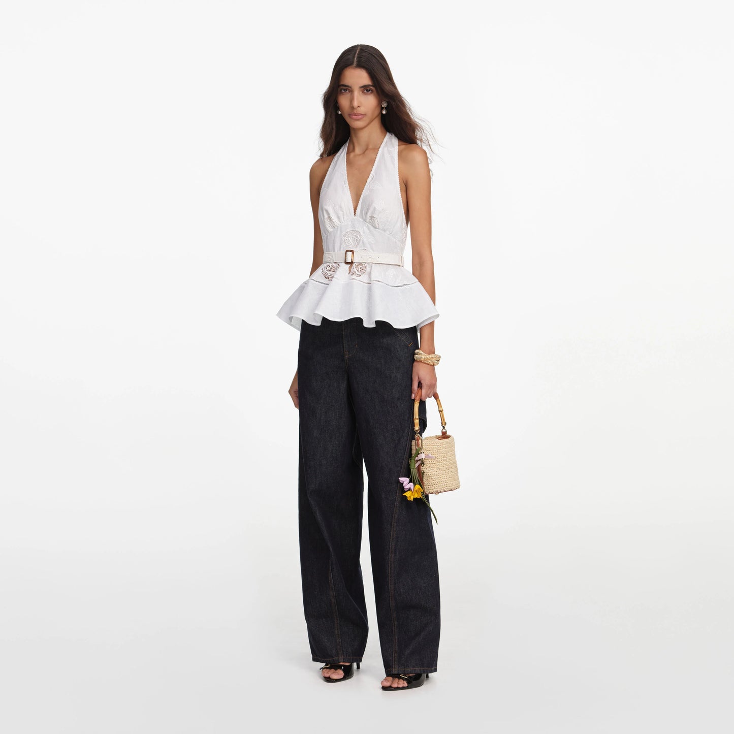 White Linen Blend Peplum Top