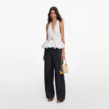 White Linen Blend Peplum Top