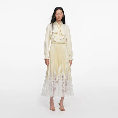 Yellow Satin Lace Midi Dress