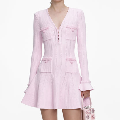 Pink Pearl Trim Knit Mini Dress