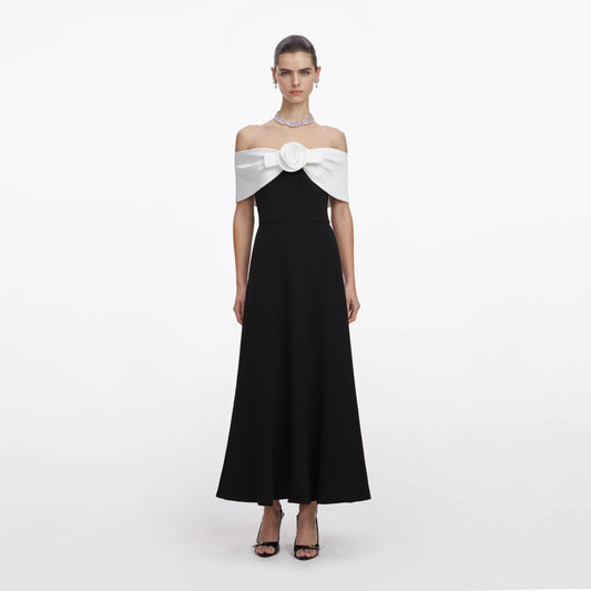 Black Crepe Flower Midi Dress