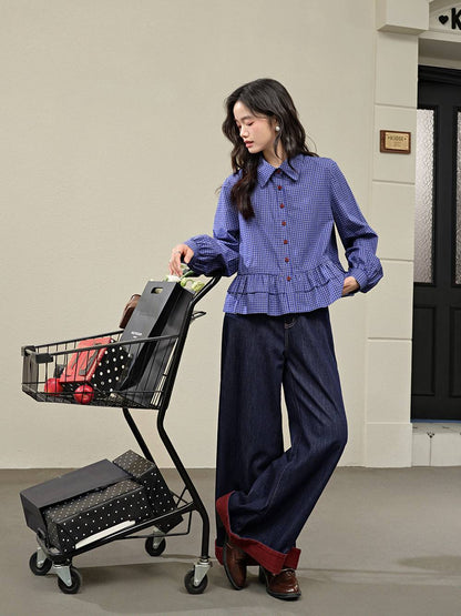 Blue Plaid Ruffle Blouse