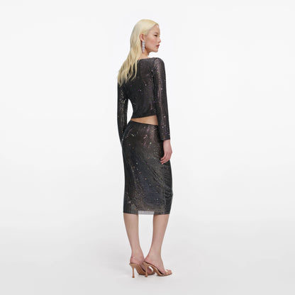 Gunmetal Rhinestone Midi Skirt