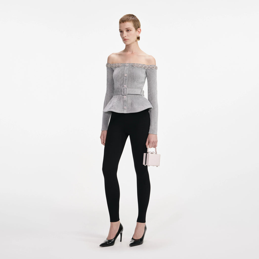Grey Chenille Knit Crystal Trim Top