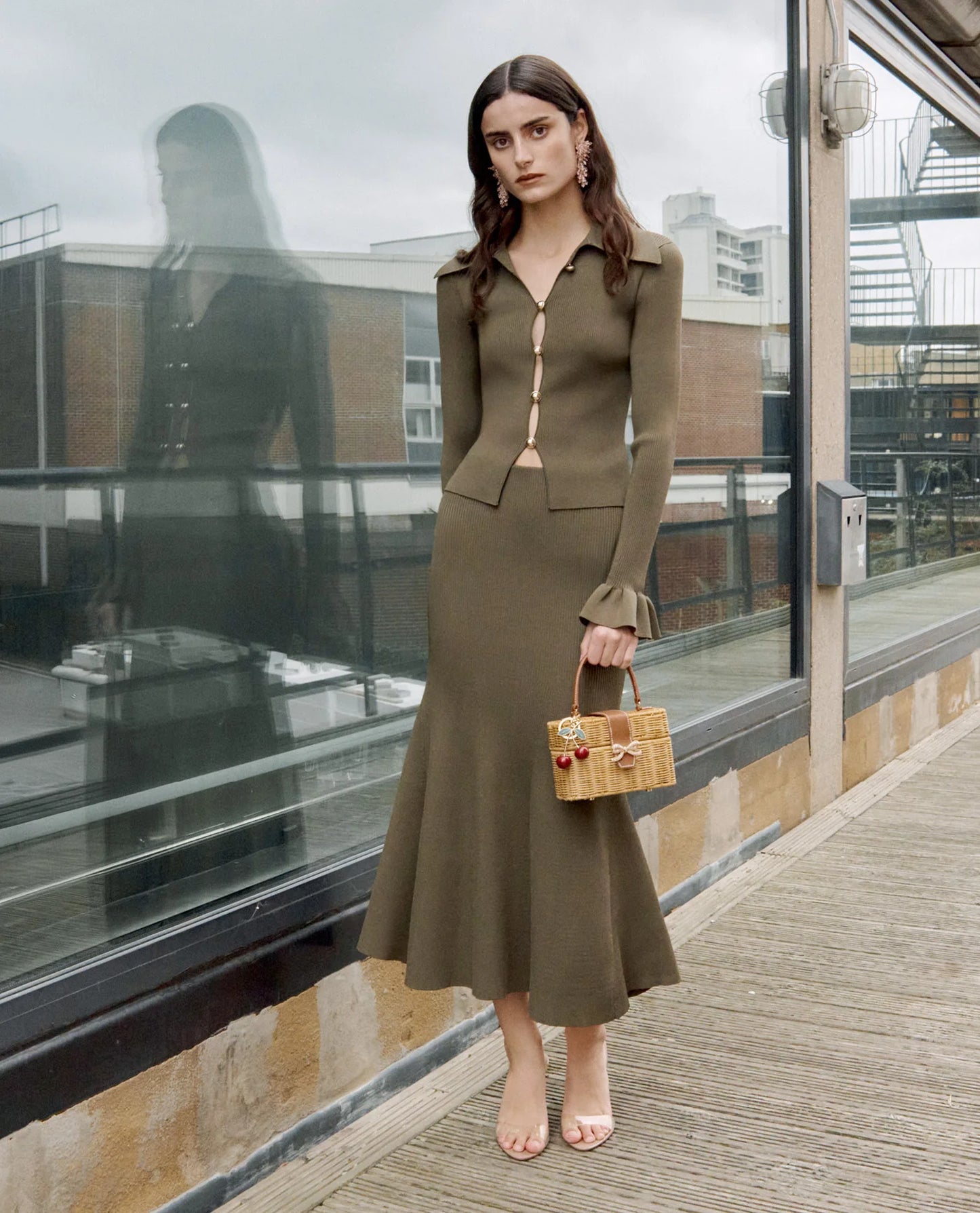 Khaki Knit Midi Skirt