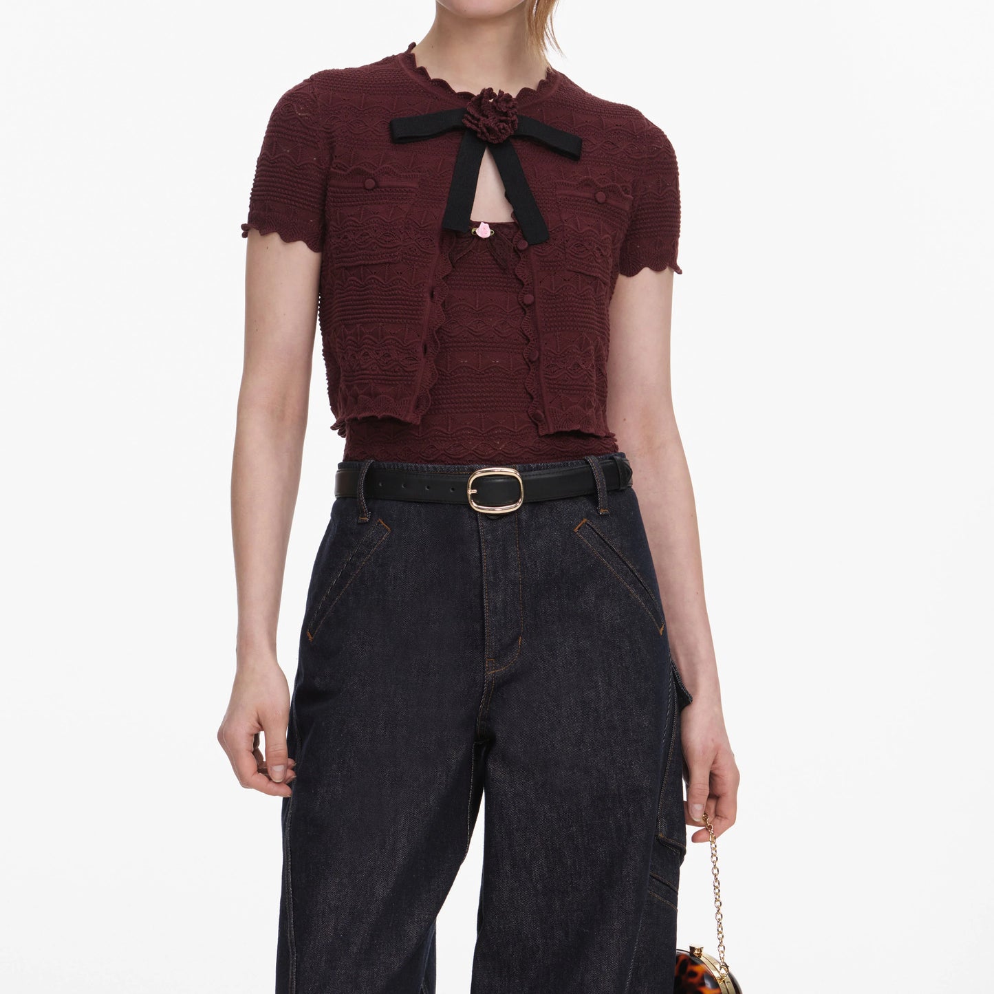 Brown Pointelle Knit Top
