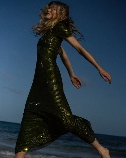 Olive Rhinestone Mesh Midi Dress