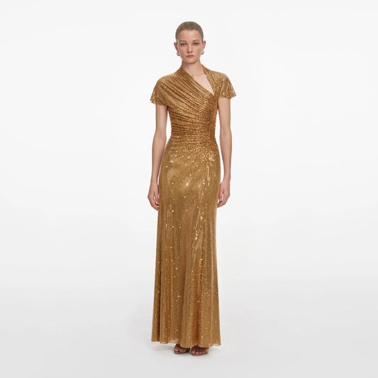 Gold Rhinestone Drape Maxi Dress