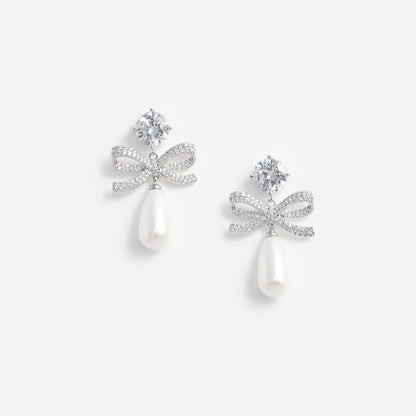 Crystal Bow Pearl Tiered Earrings