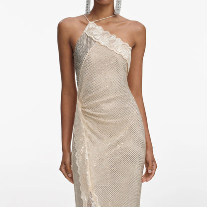 Champagne Rhinestone Lace Trim Maxi Dress