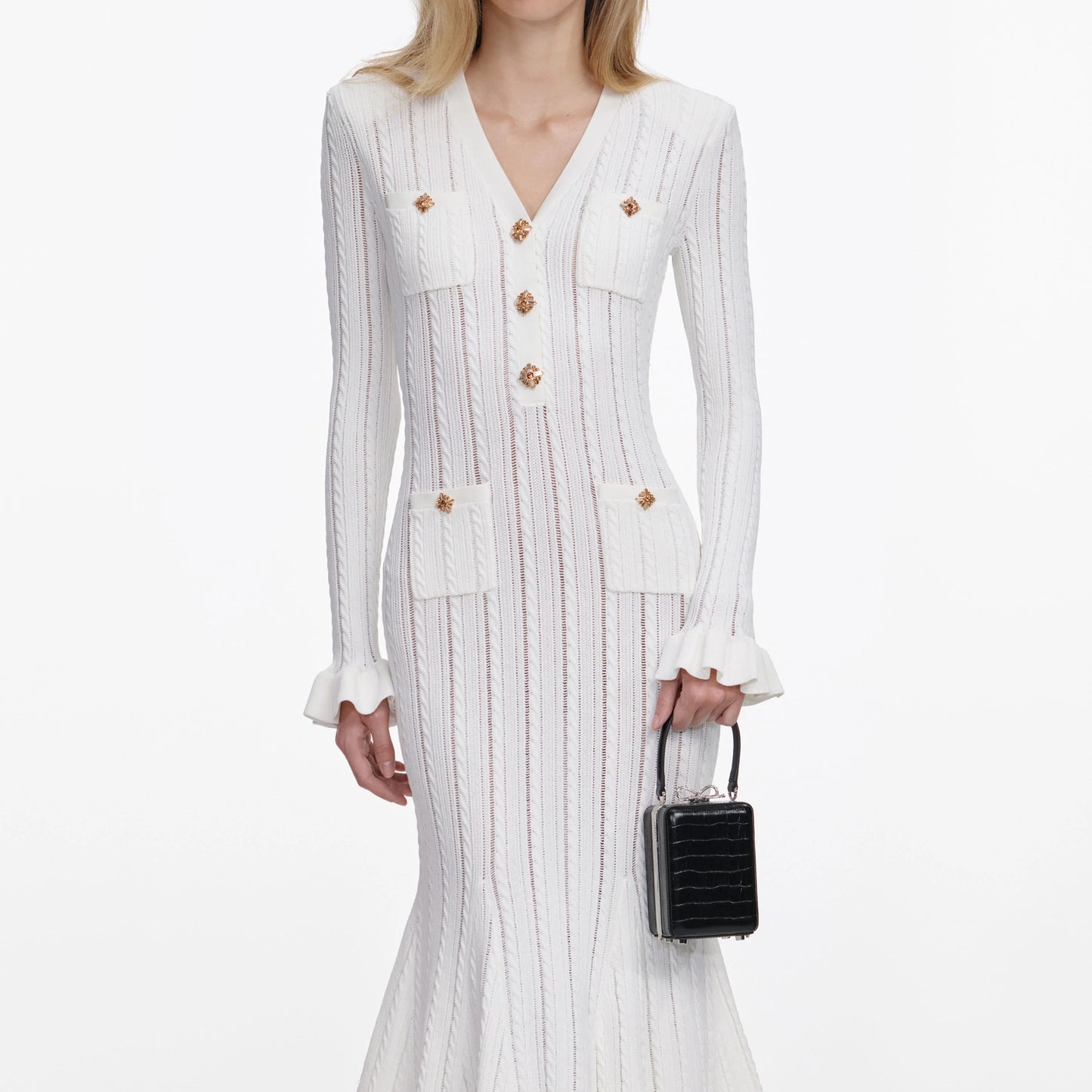 White Pointelle Knit Midi Dress