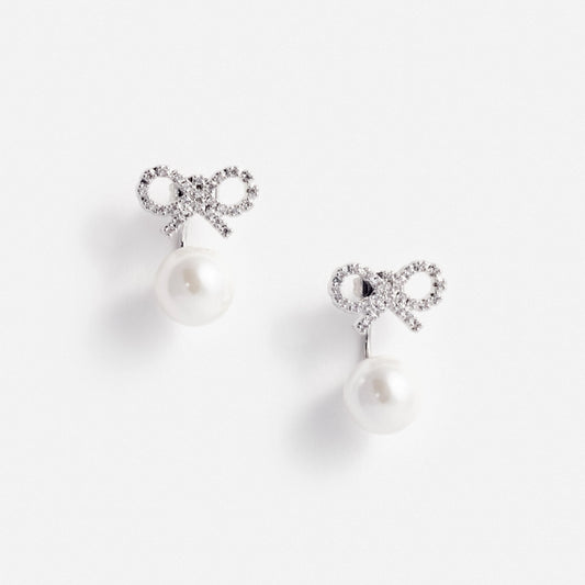 Crystal Bow Pearl Jacket Earrings