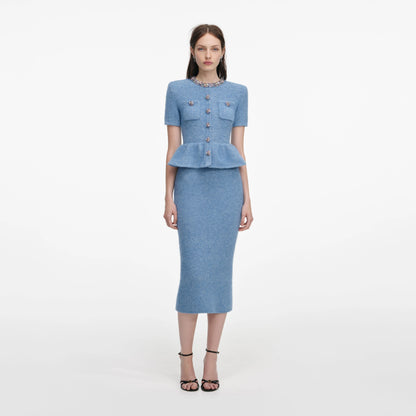 Blue Peplum Knit Midi Dress