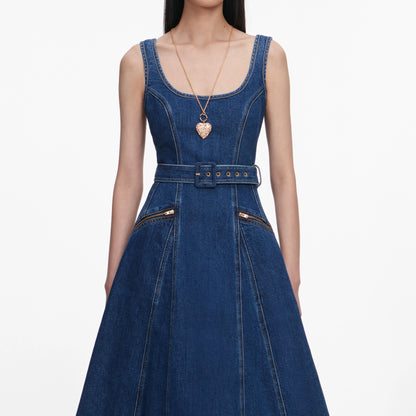 Denim Flared Belted Midi Dress