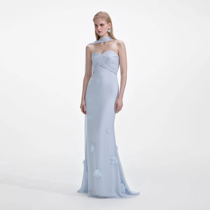 Blue Georgette Flower Maxi Dress