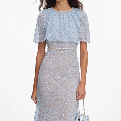 Blue Lace Cape Midi Dress