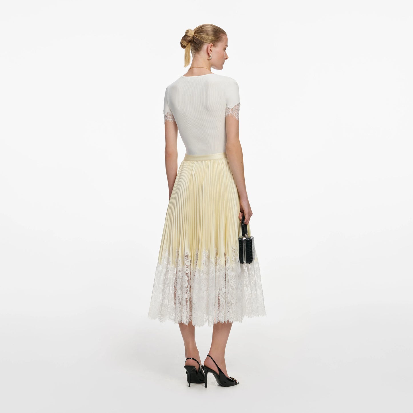 Yellow Satin Lace Midi Skirt