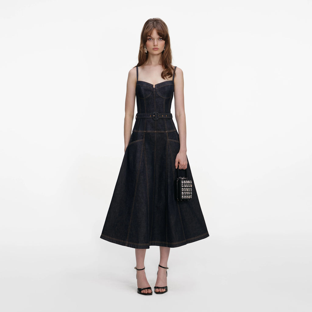 Indigo Denim Flared Midi Dress