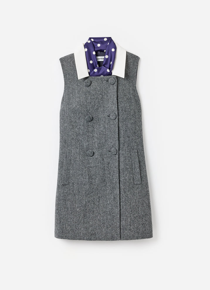 Grey Herringbone Scarf Detail Mini Dress
