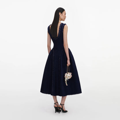 Navy Boucle Midi Dress