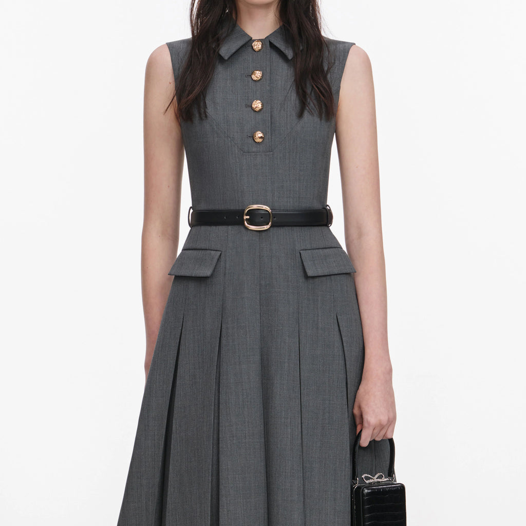 Grey Tailored Pleated Midi Dress