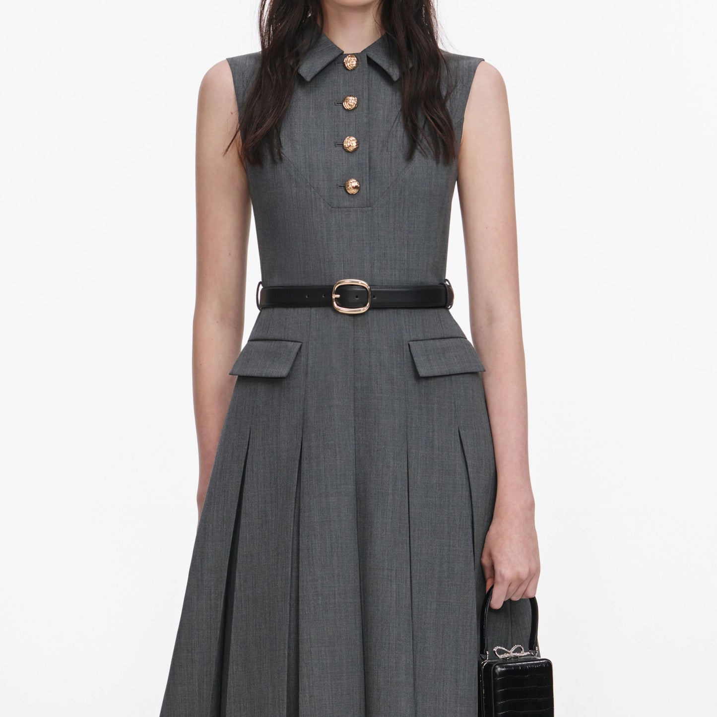 Grey Tailored Pleated Midi Dress