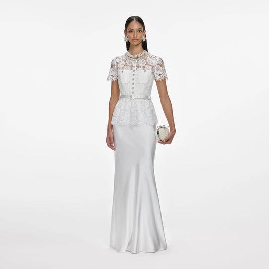White Lace Satin Maxi Dress