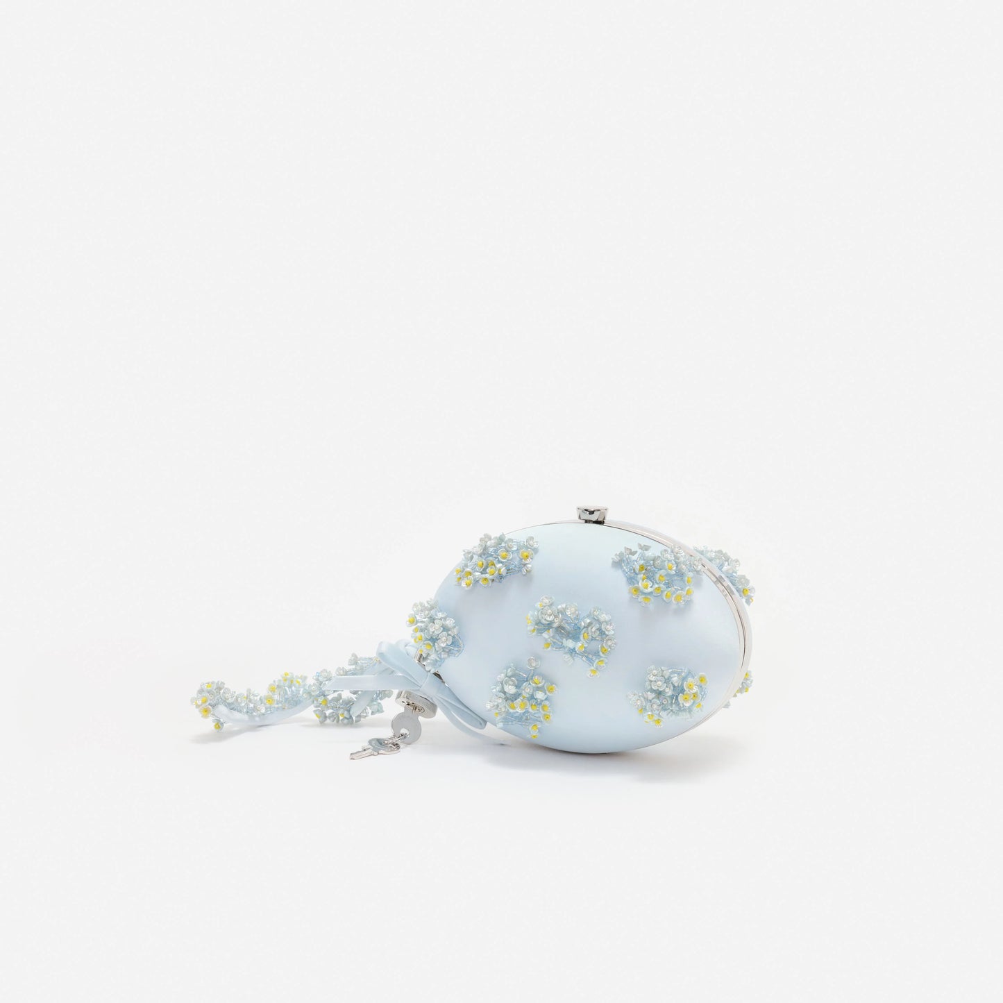 Blue Satin Floral Beaded Oval Clutch