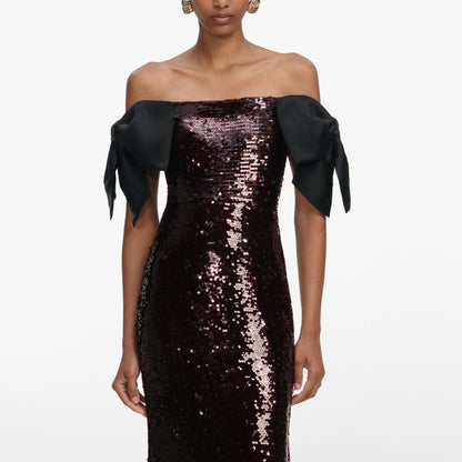 Brown Sequin Bow Maxi Dress