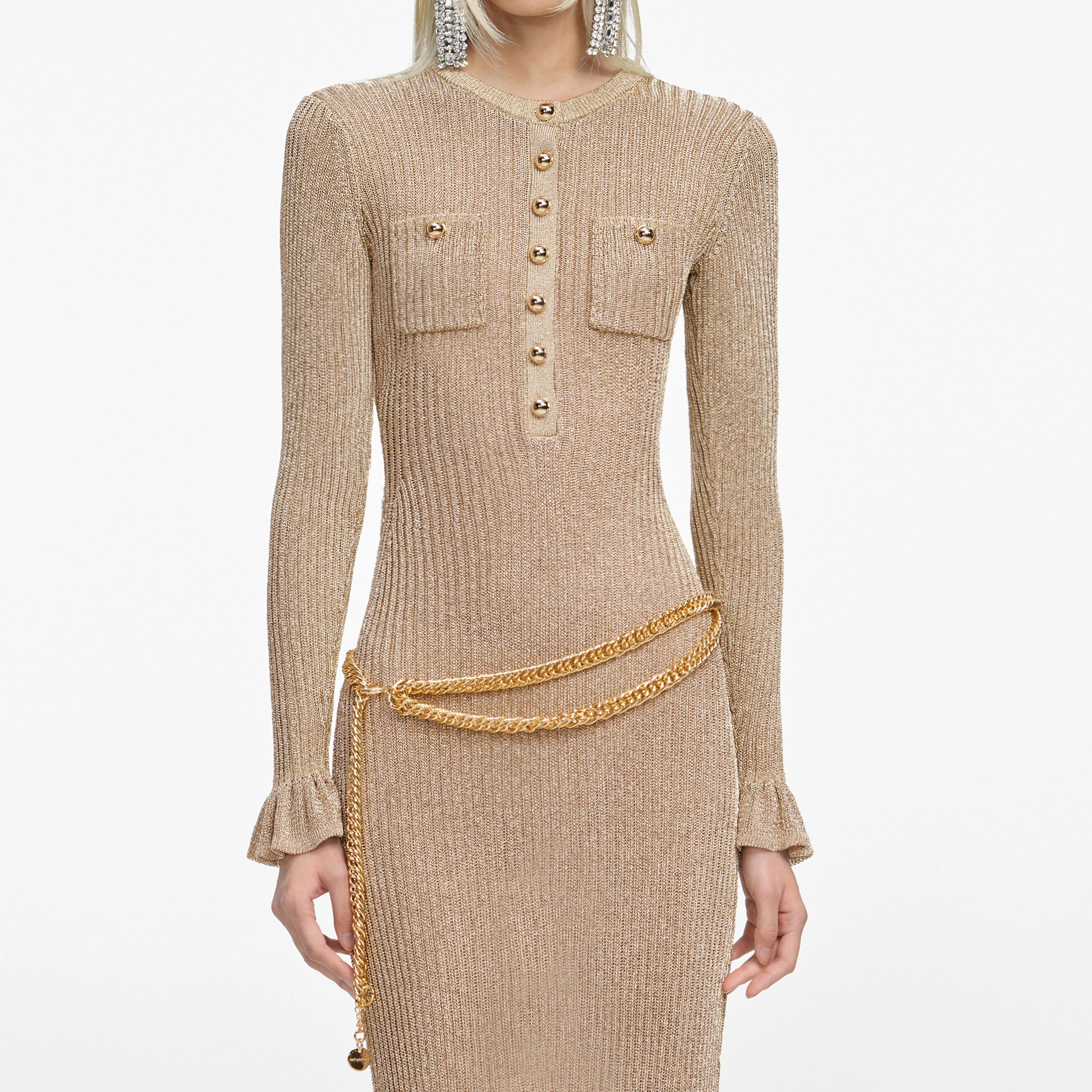 Gold Lurex Ribbed Knit Midi Dress