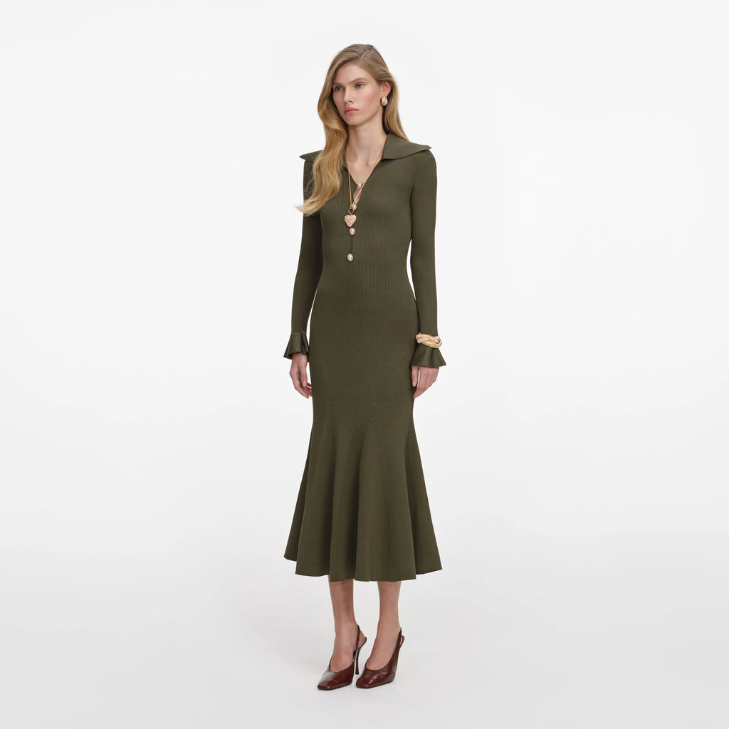 Khaki Pointelle Knit Midi Dress