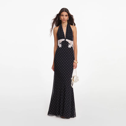 Black Polka Dot Halter Neck Maxi Dress