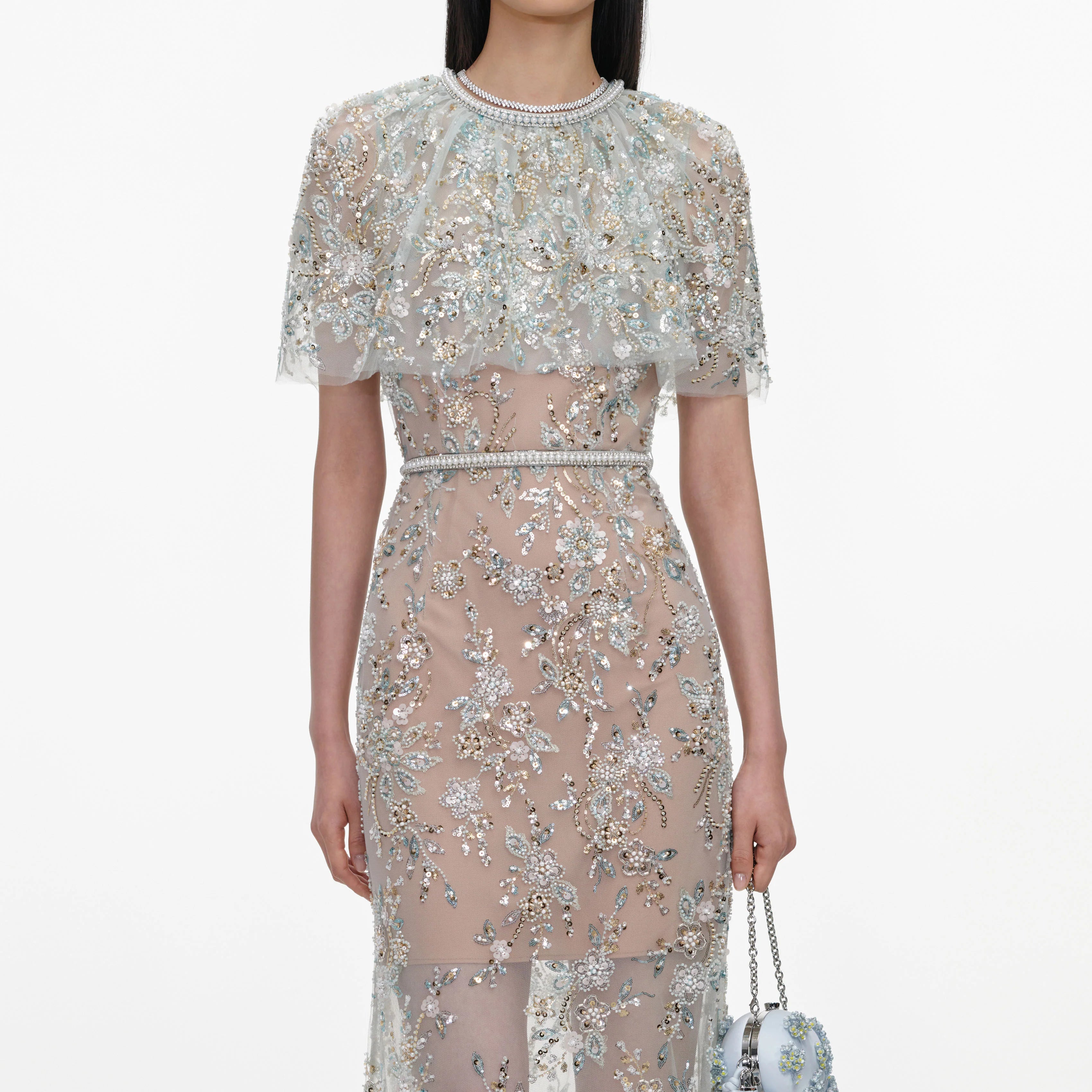 Mint Embellished Cape Maxi Dress
