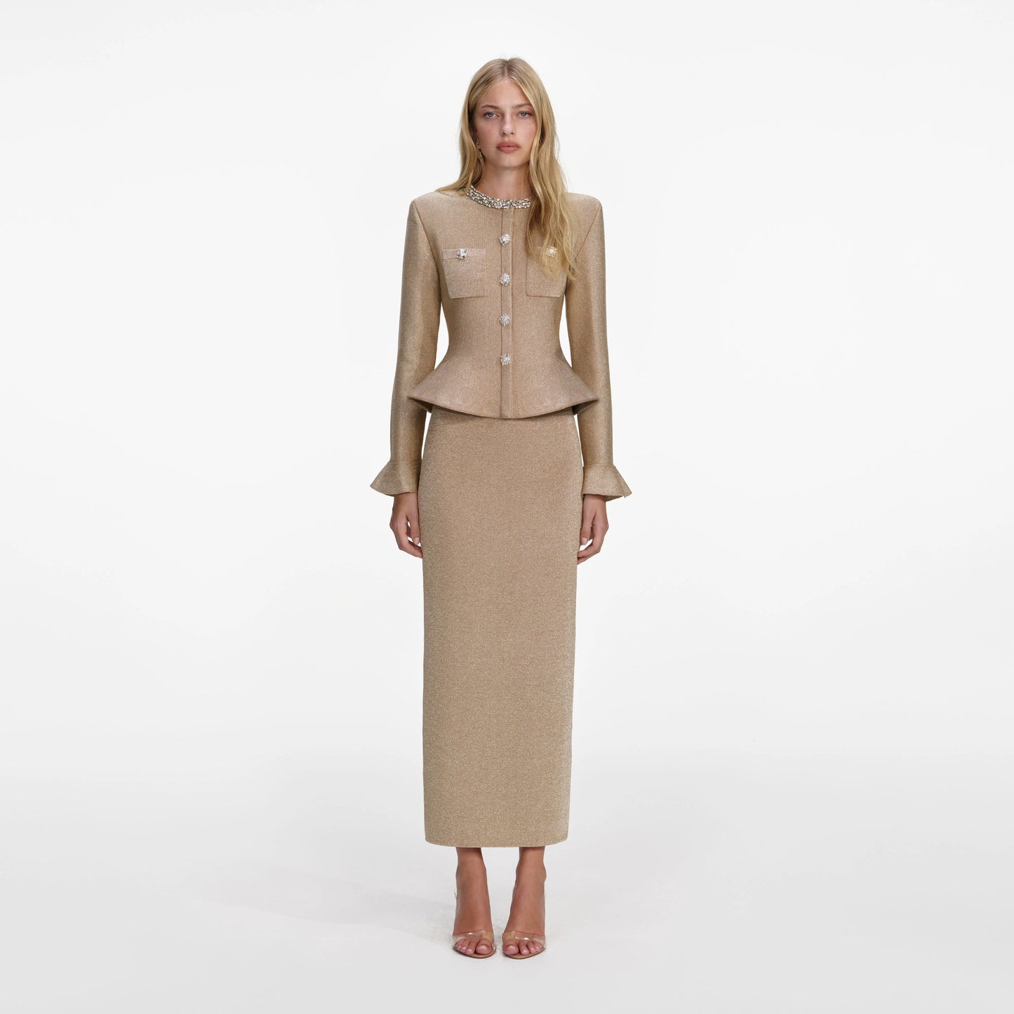 Gold Crystal Trim Knit Midi Dress