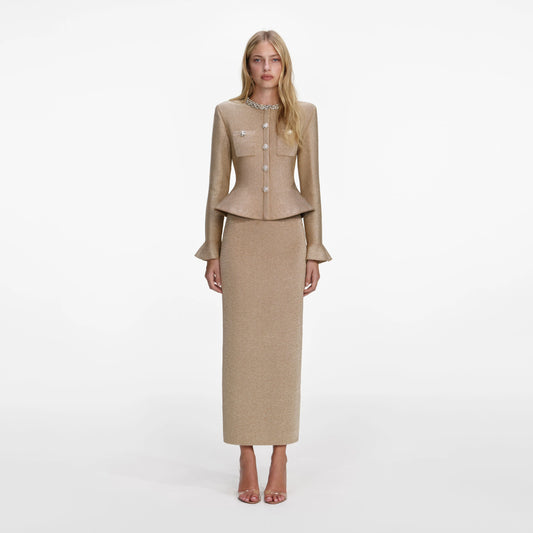 Gold Crystal Trim Knit Midi Dress