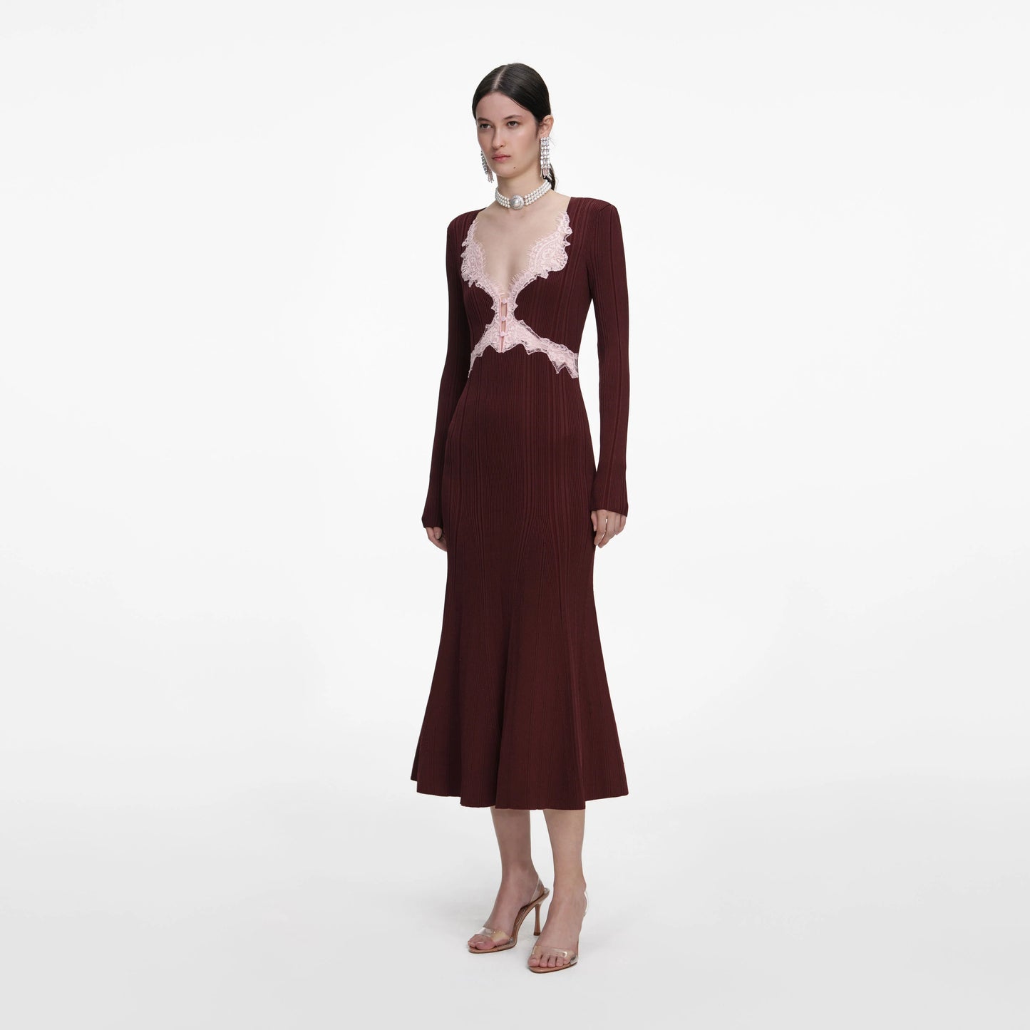 Brown Contrast Lace Knit Midi Dress