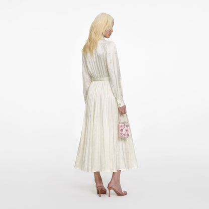 Cream Satin Jacquard Midi Dress