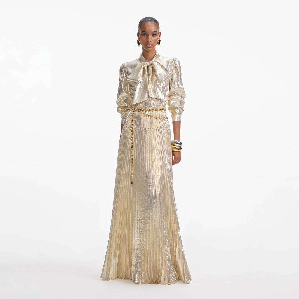 Gold Metallic Tie Neck Maxi Dress