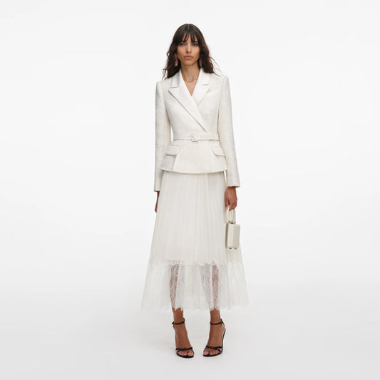 Cream Tailored Boucl¨¦ And Chiffon Midi Dress