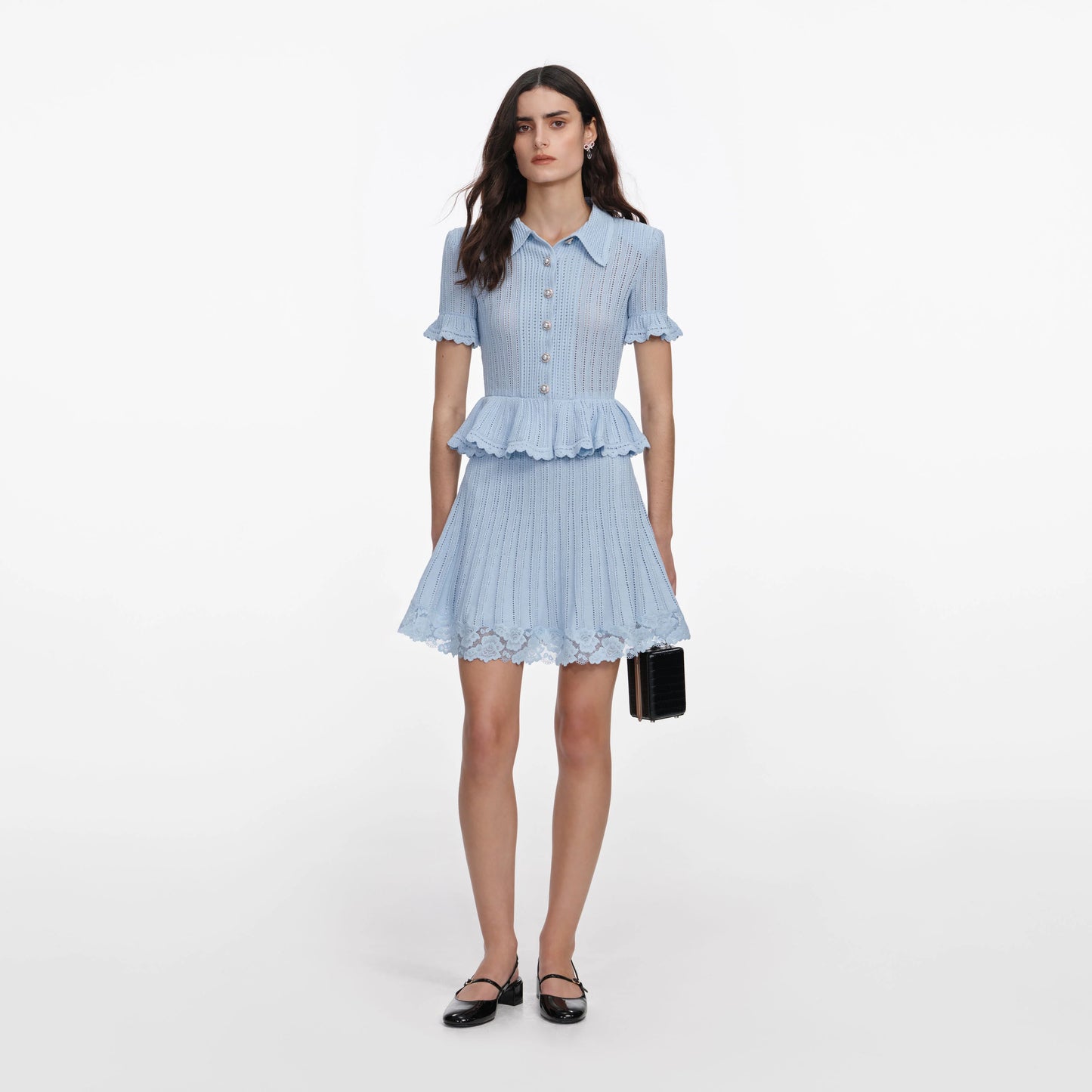 Blue Pointelle Peplum Knit Mini Dress