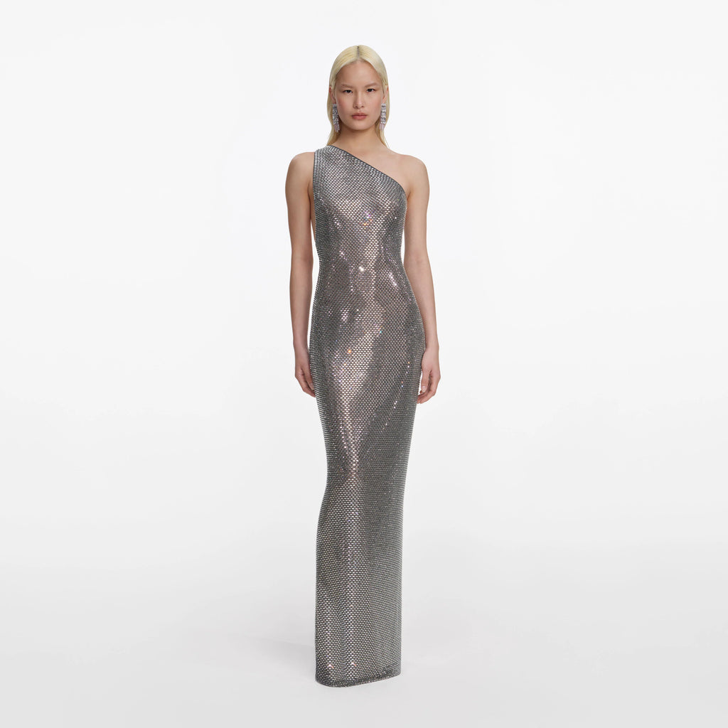 Grey Rhinestone One Shoulder Maxi Dress