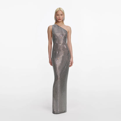 Grey Rhinestone One Shoulder Maxi Dress