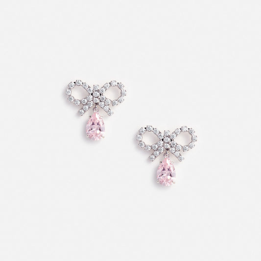 Micro Bow Pink Droplet Earrings