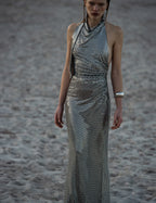 Grey Rhinestone Drape Maxi Dress