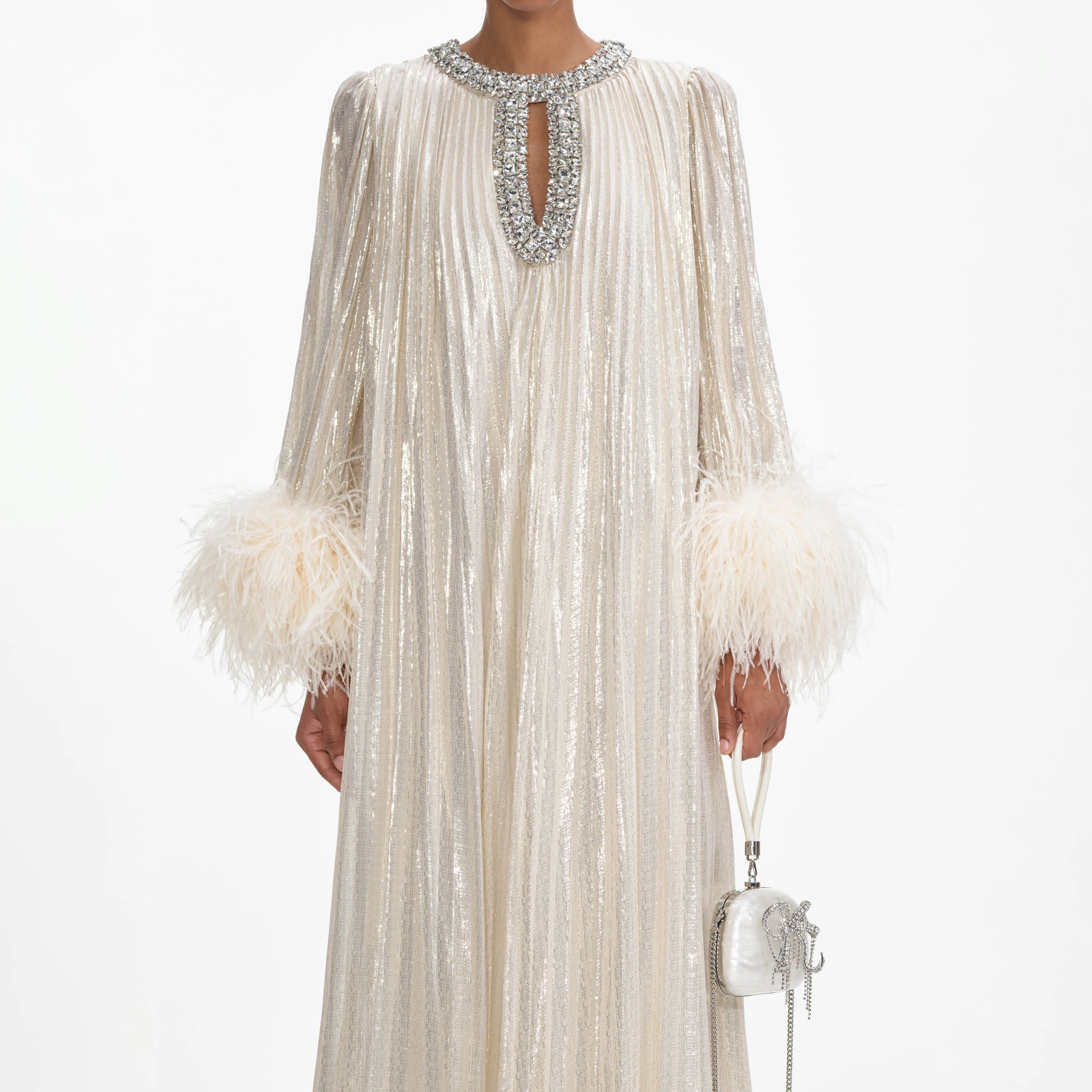 Gold Metallic Feather Maxi Dress